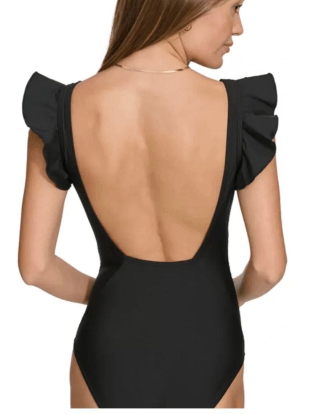 DKNY Black V Neck Ruffle Shoulder Ruched Tummy Control Swimsuit XL NWT - Picture 9 of 10